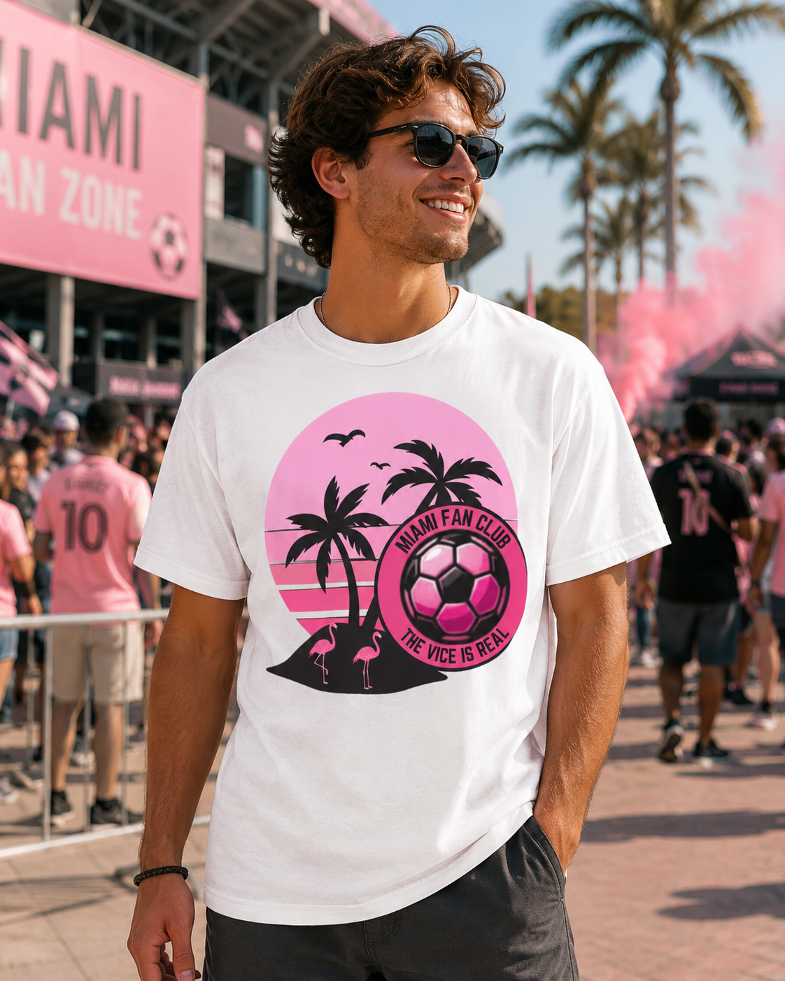 Miami Soccer Fan Club T-Shirt — Retro Pink Sunset Game Day Tee