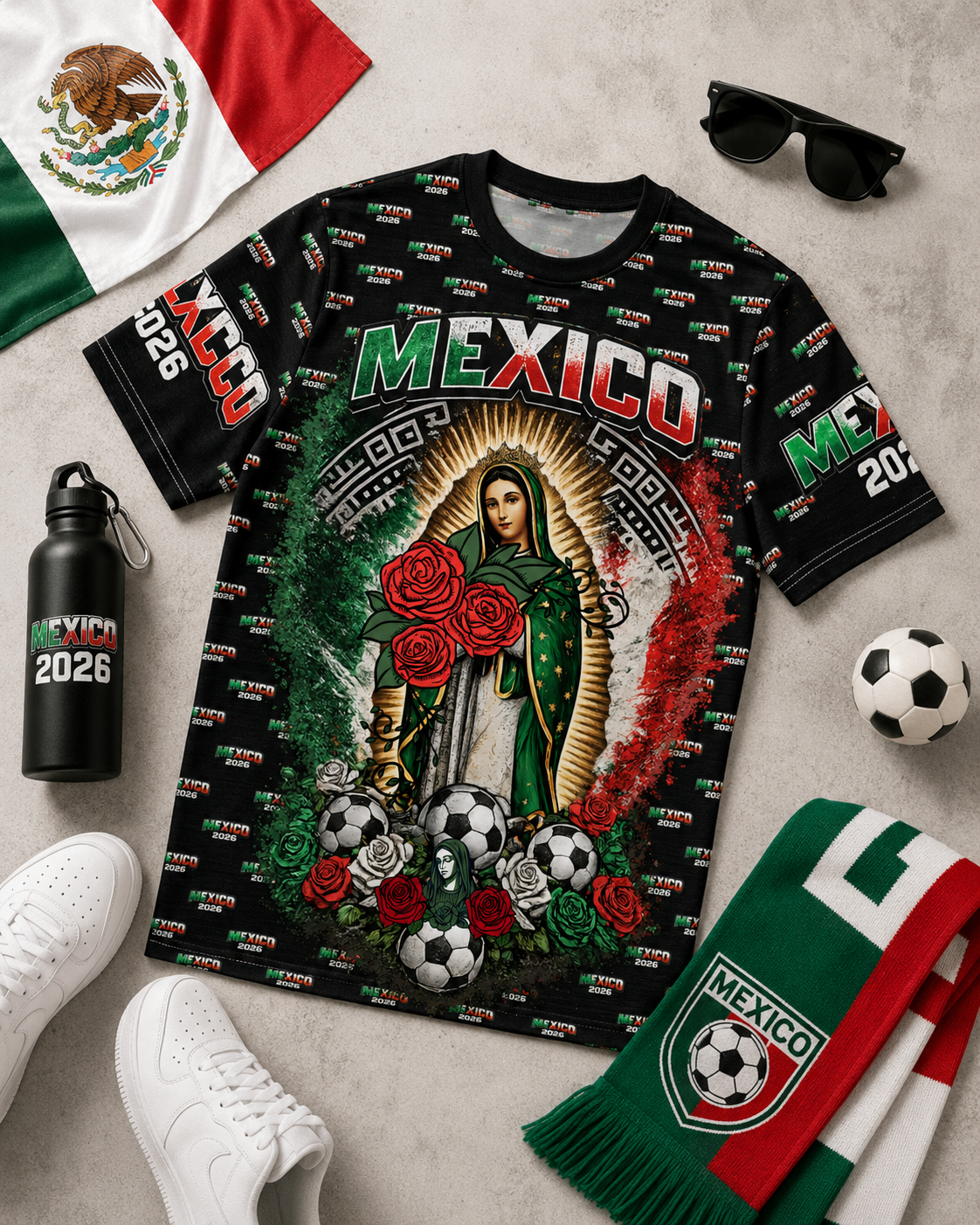 Mexico Soccer Señora de Guadalupe All-Over Print Tee — 2026 Mexican Pride Futbol Fan Shirt