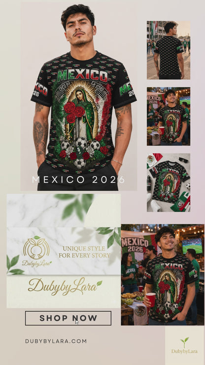 Mexico Soccer Señora de Guadalupe All-Over Print Tee — 2026 Mexican Pride Futbol Fan Shirt